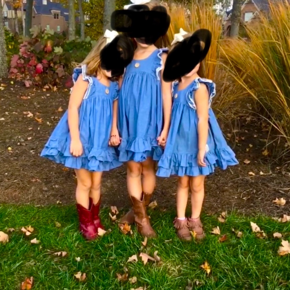 Denim with lace accent childrens boutique dress. Size 5-6.